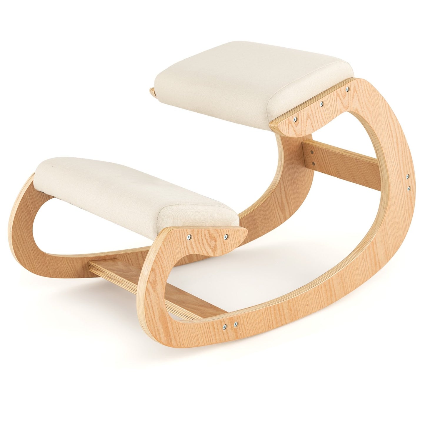 Wooden Rocking Chair with Comfortable Padded Seat Cushion and Knee Support, Beige