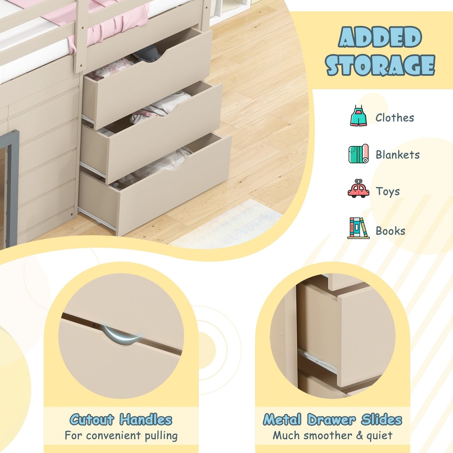 3-In-1 Twin Loft Bed with Slide Ladder Drawers for Kids Teens, Beige