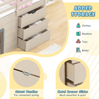 3-In-1 Twin Loft Bed with Slide Ladder Drawers for Kids Teens, Beige