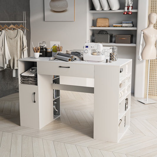 Counter Height Sewing Craft Table Computer Desk with Adjustable Shelves and Drawer, White Sewing Tables White at Gallery Canada