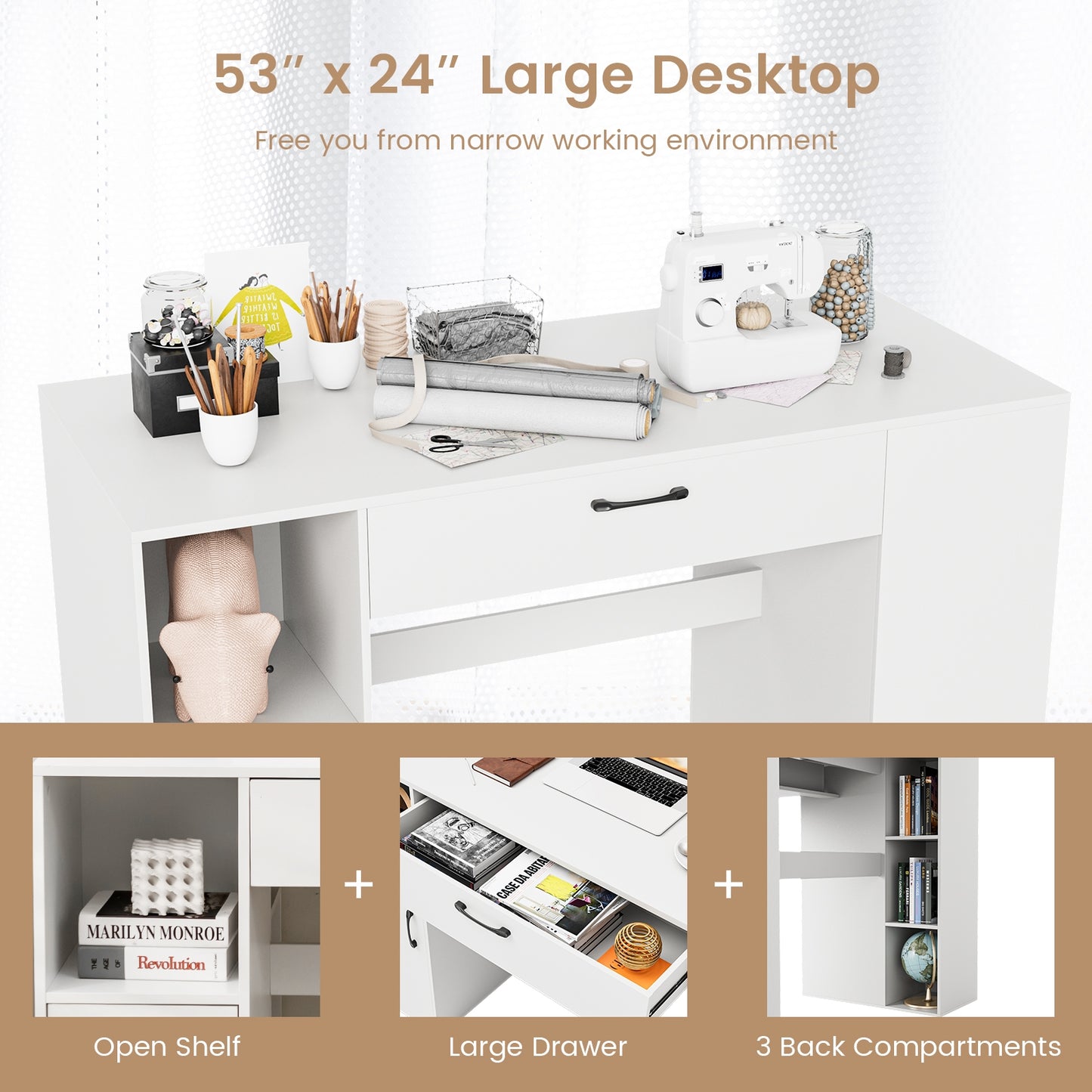 Counter Height Sewing Craft Table, Adjustable Shelves, Drawer, White Sewing Tables at Gallery Canada