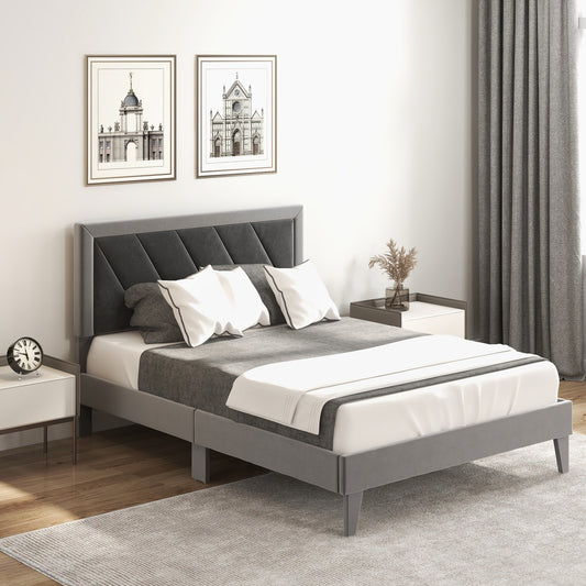 Full Size Platform Bed With High Headboard, Wooden Slats, Black Gray Simple Bed Frame Black & Gray at Gallery Canada