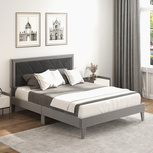 Queen Size Platform Bed With High Headboard, Wooden Slats, Black Gray Simple Bed Frame Black & Gray at Gallery Canada