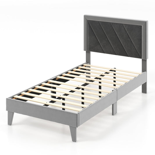 Twin/Full/Queen Platform Bed with High Headboard and Wooden Slats-Twin Size, Black & Gray