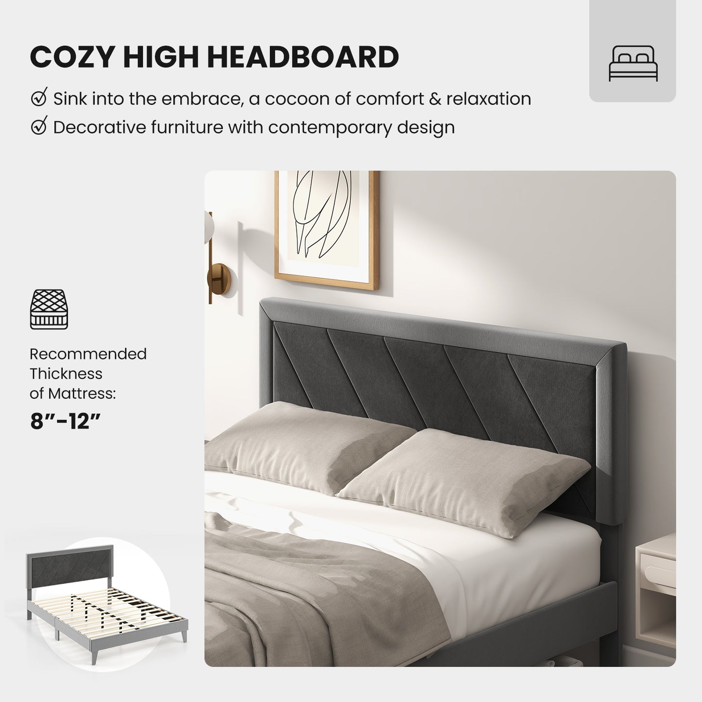 Queen Size Platform Bed With High Headboard, Wooden Slats, Black Gray Simple Bed Frame at Gallery Canada