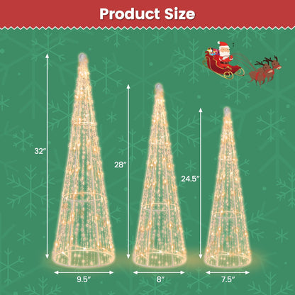 Set of 3 Pre-lit Christmas Cone Trees with Star Strings, White