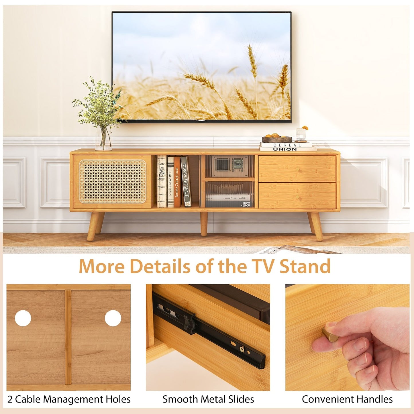 Bamboo TV Stand for TV up to 65 Inch, Natural