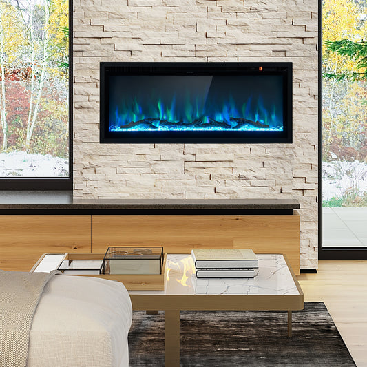 Electric In-Wall Recessed Fireplace, 42 Inches, Remote Control, Black Fireplaces Black at Gallery Canada