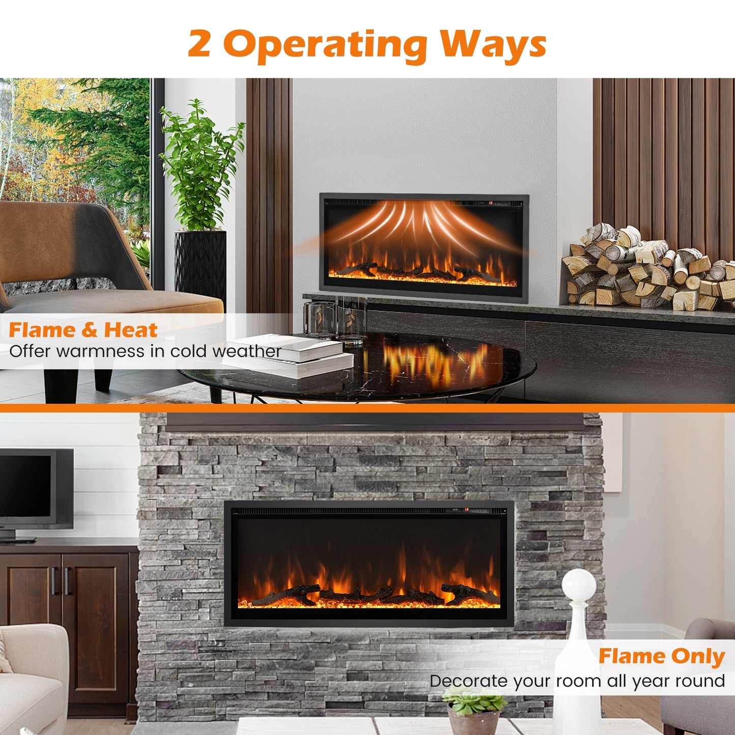 Electric In-Wall Recessed Fireplace, 42 Inches, Remote Control, Black Fireplaces at Gallery Canada