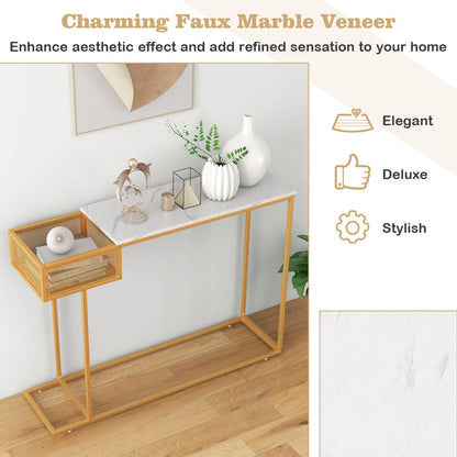 Rectangular White Faux Marble Console Table with Storage-Gold, Golden