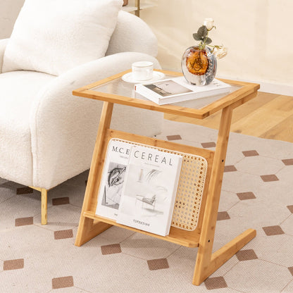 Z-shaped End Table with Magazine Rack and Rattan Shelf, Natural
