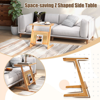 Z-shaped End Table with Magazine Rack and Rattan Shelf, Natural