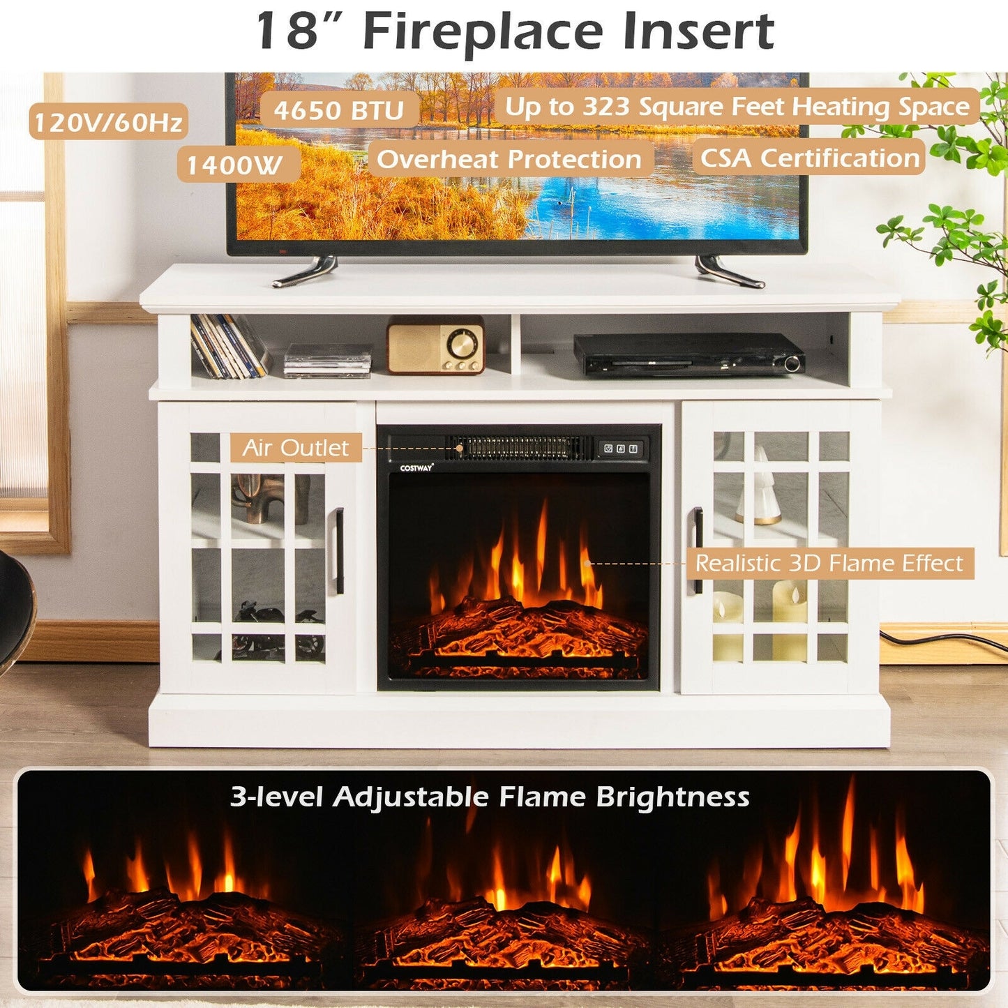 48 Inch Electric Fireplace TV Stand, For TVs Up To 50 Inch, White Entertainment Centers & TV Stands at Gallery Canada
