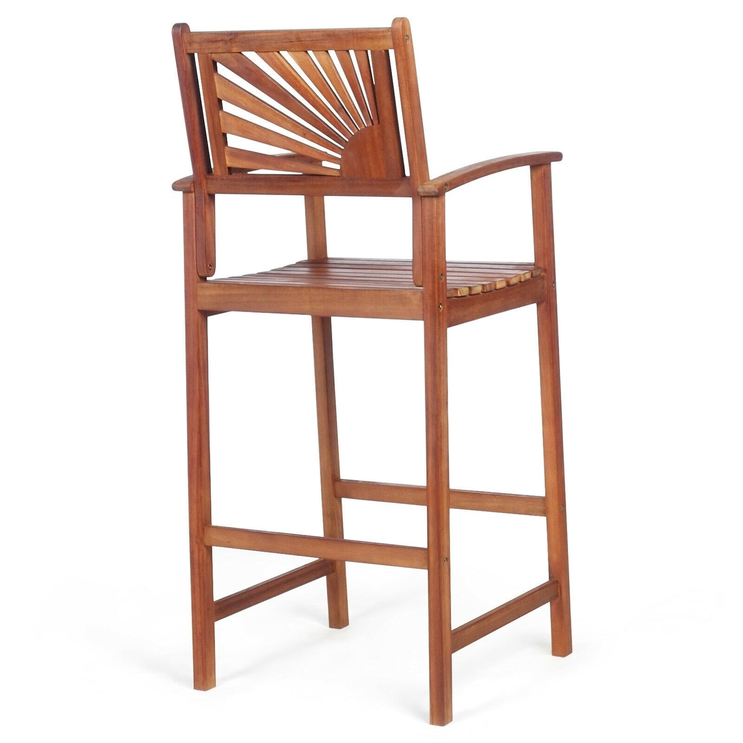 2 Outdoor Acacia Wood Bar Chairs, Sunflower Backrest, Armrests, Brown Patio Bar Furniture at Gallery Canada