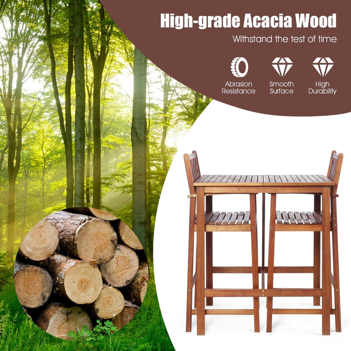 Acacia Wood Patio Bar Set, 3 Pieces, Sunflower Pattern, Natural Patio Bar Furniture at Gallery Canada