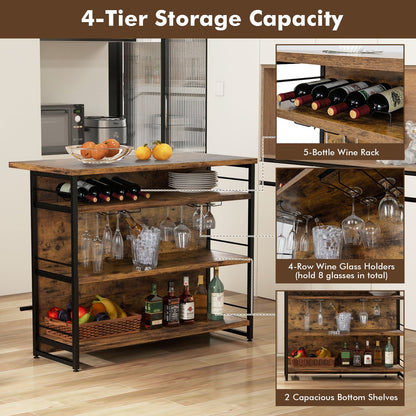 Kitchen Island with 4-Tier Storage Shelf and Long Footrest for Home, Rustic Brown