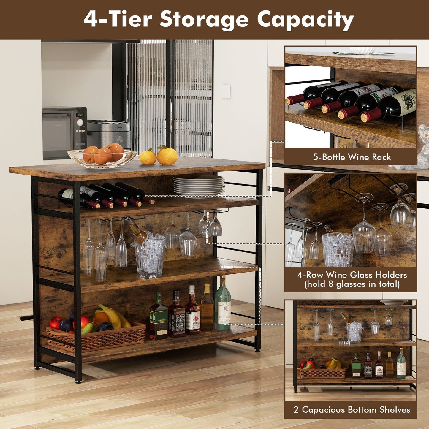 Kitchen Island with 4-Tier Storage Shelf and Long Footrest for Home, Rustic Brown at Gallery Canada