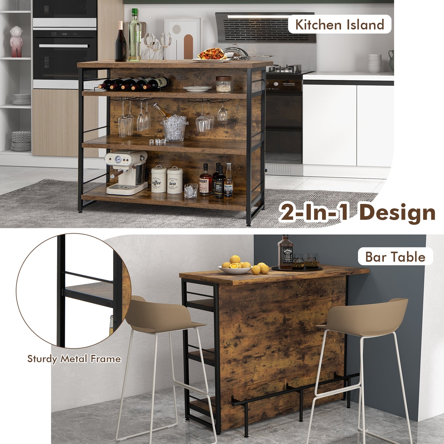 Kitchen Island with 4-Tier Storage Shelf and Long Footrest for Home, Rustic Brown Kitchen Islands & Carts at Gallery Canada