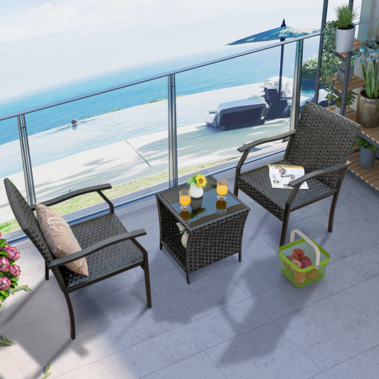 3 Piece Patio Wicker Chair Set, Quick Dry Foam Cushions, Brown Patio Conversation Sets Brown at Gallery Canada