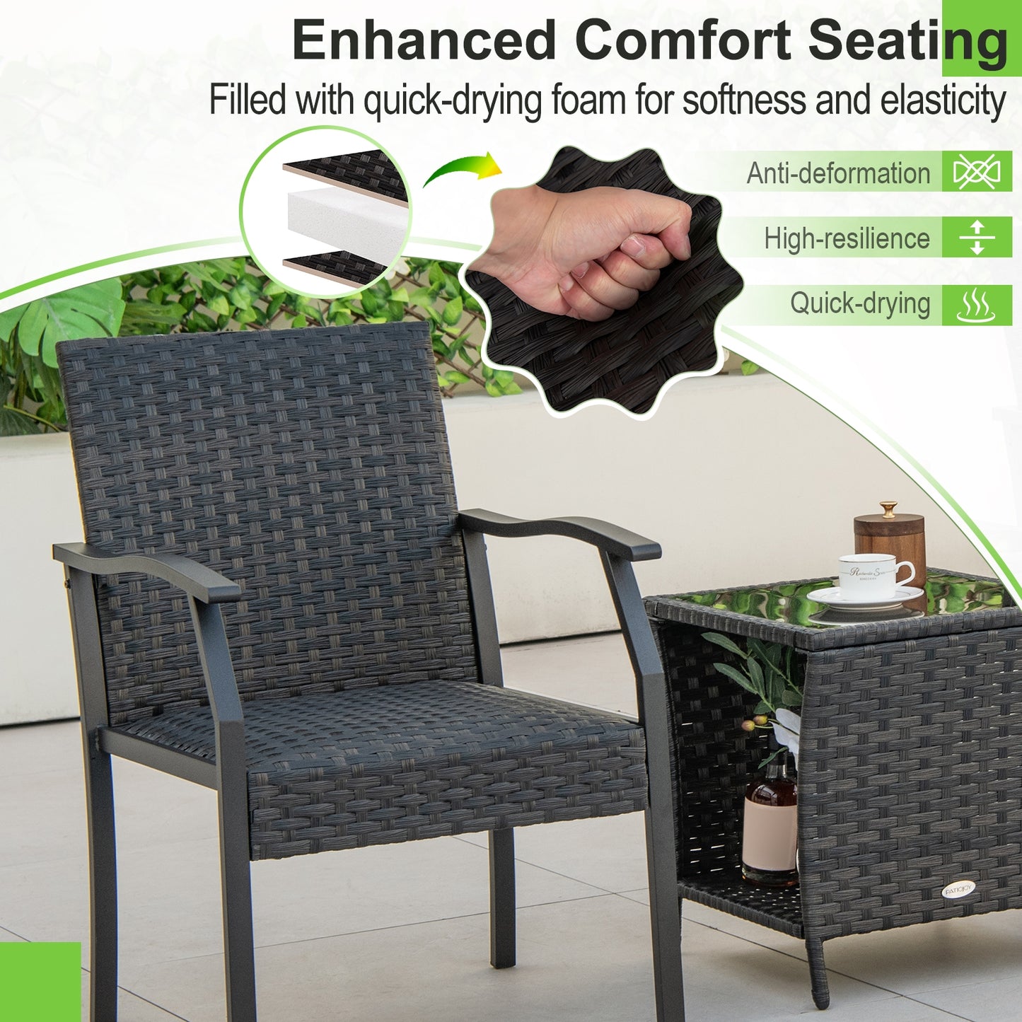 3 Piece Patio Wicker Chair Set, Quick Dry Foam Cushions, Brown Patio Conversation Sets at Gallery Canada