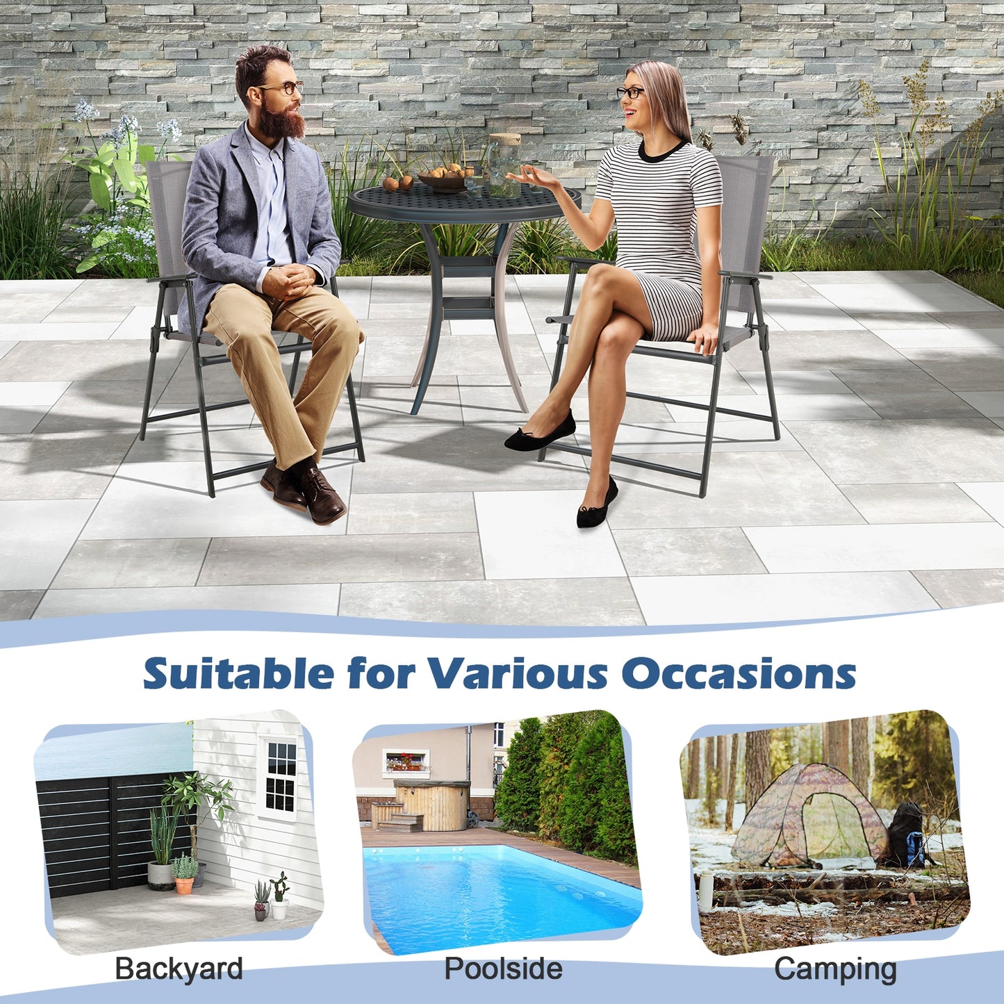 2 Pieces Patio Folding Chairs with Armrests for Deck Garden Yard, Gray Patio Dining Chairs at Gallery Canada