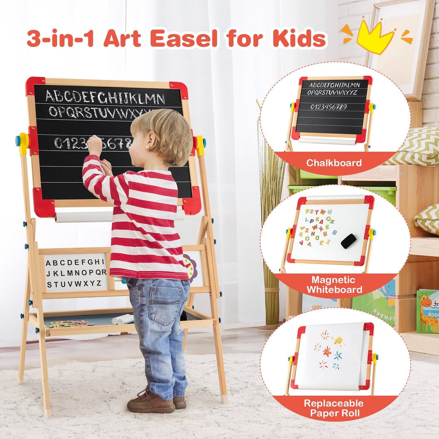 3-in-1 Wooden Art Easel for Kids with Drawing Paper Roll, Multicolor