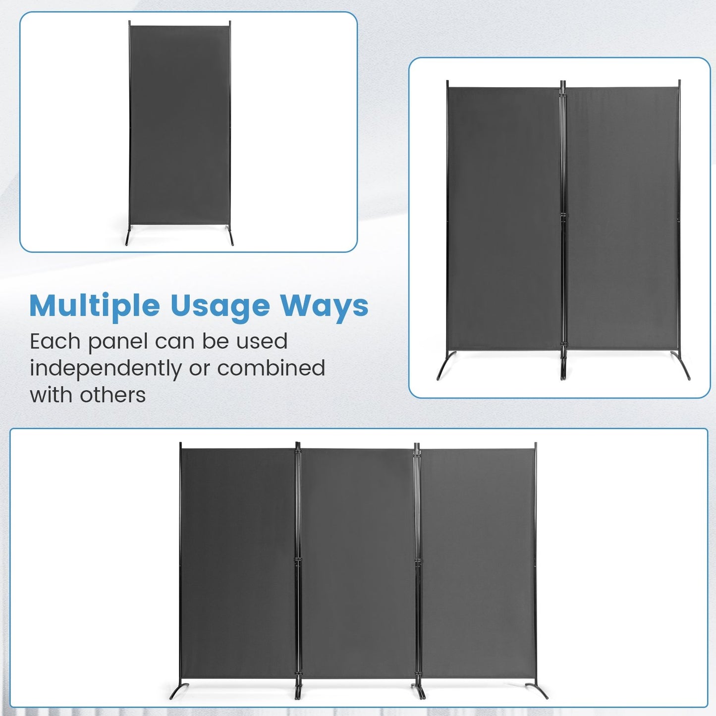 6 Feet 3 Panel Room Divider with Durable Hinges Steel Base, Gray