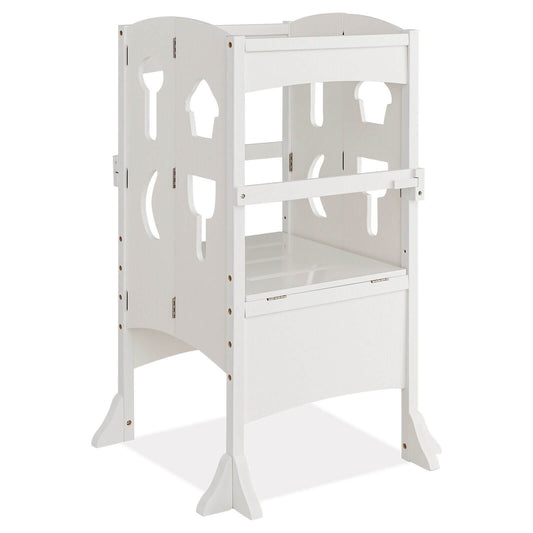 Folding Wooden Step Stool with Lockable Safety Rail for Toddler 3+, White