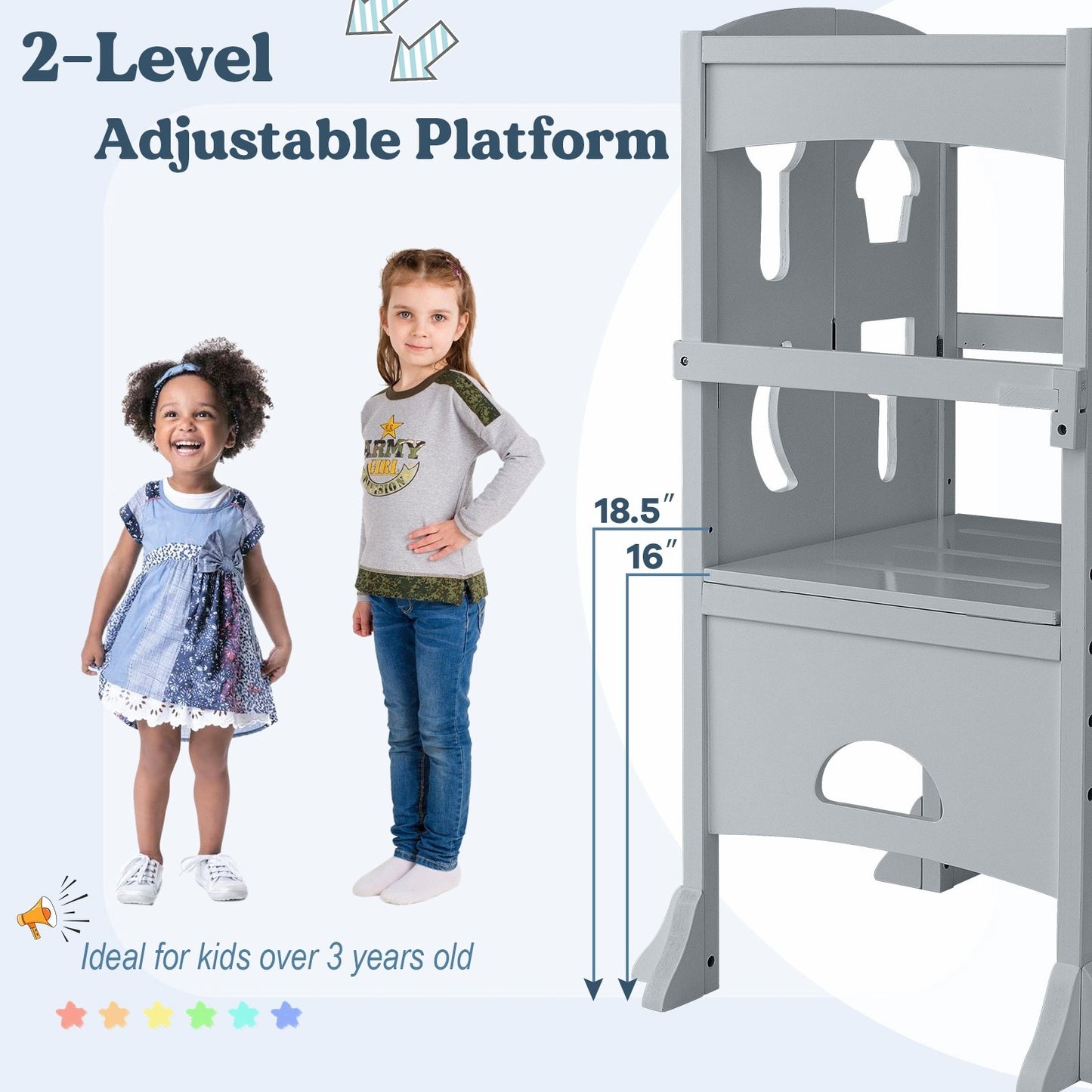 Folding Wooden Step Stool with Lockable Safety Rail for Toddler 3+, Gray at Gallery Canada