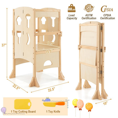Folding Wooden Step Stool with Lockable Safety Rail for Toddler 3+, Natural at Gallery Canada