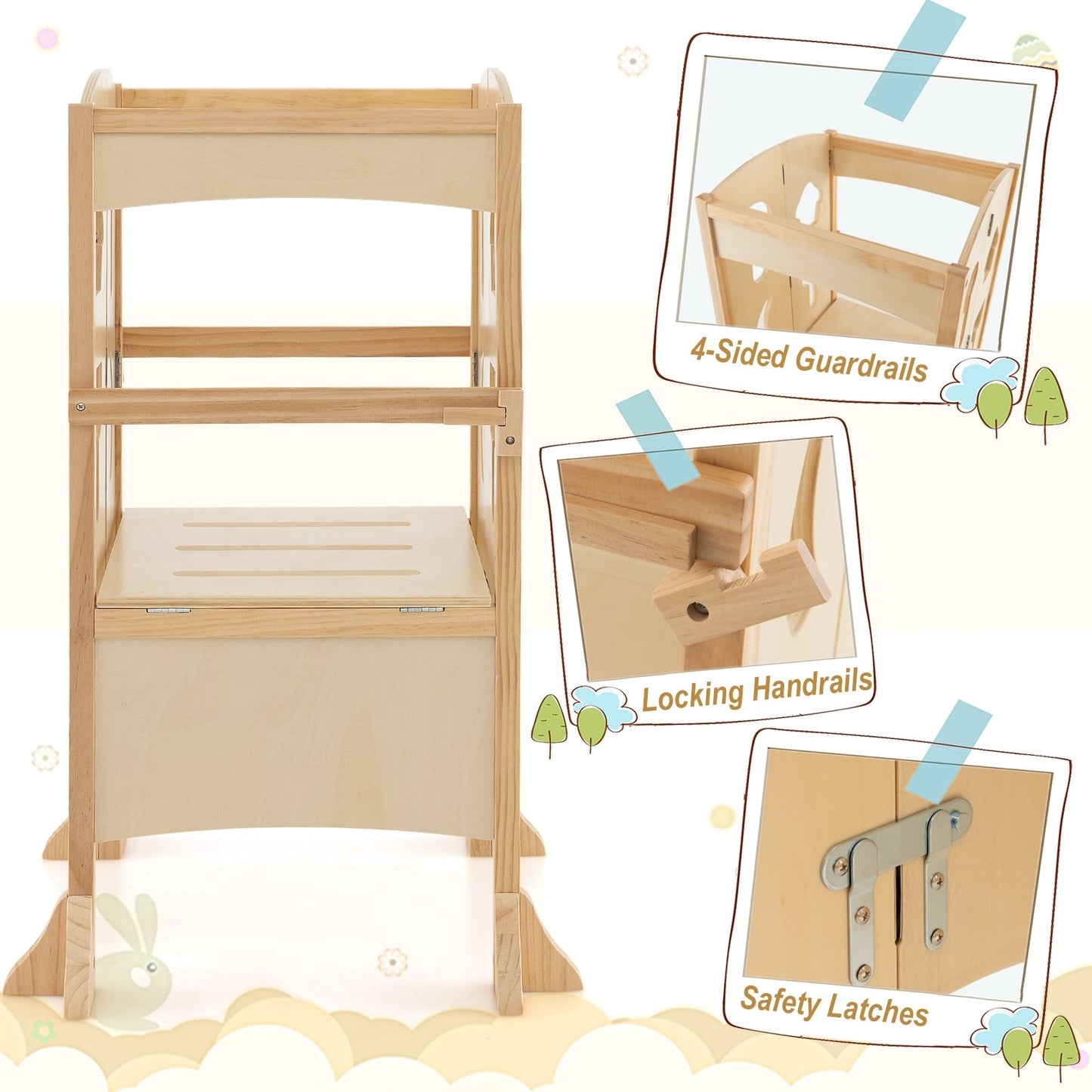 Folding Wooden Step Stool with Lockable Safety Rail for Toddler 3+, Natural at Gallery Canada