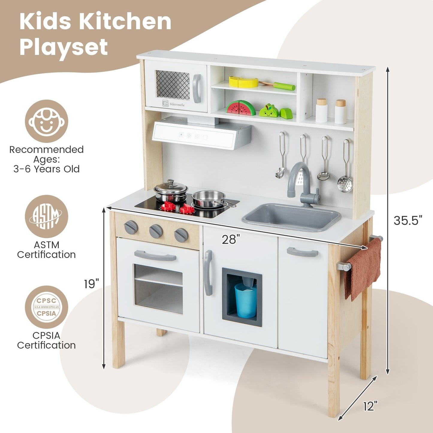 Wooden Pretend Play Kitchen Set for Toddlers, White
