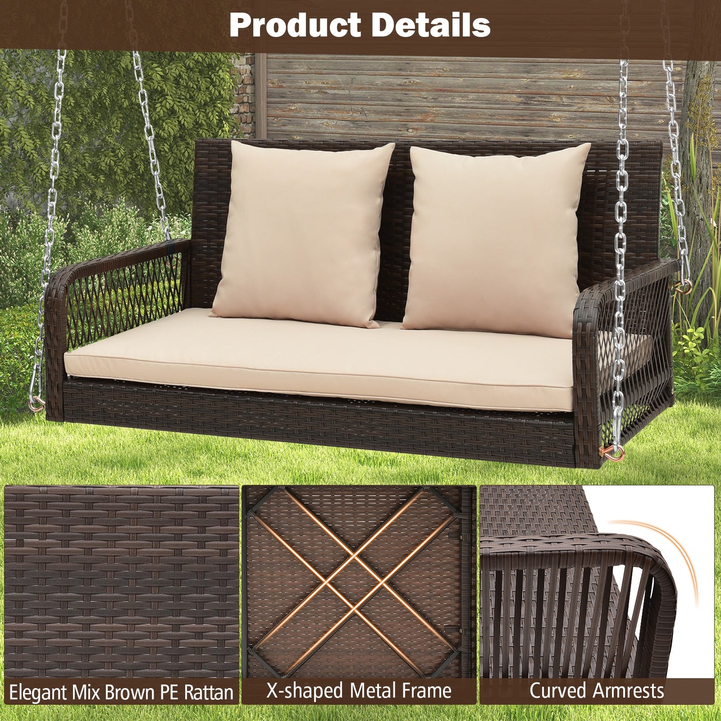 2-Person Outdoor Wicker Porch Swing with Seat and Back Cushions, Beige Porch Swings at Gallery Canada