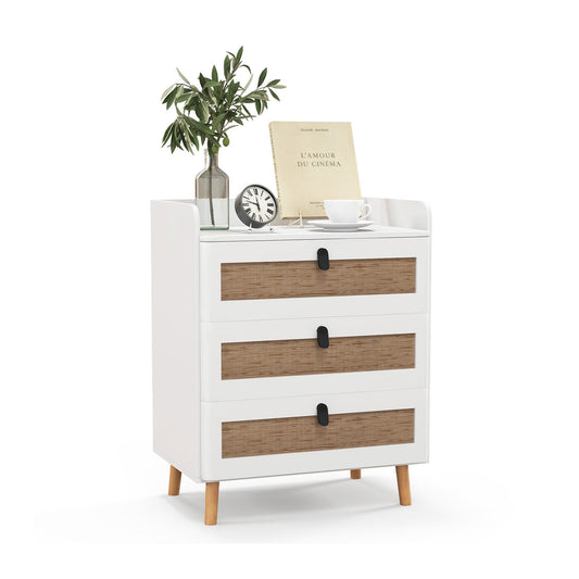 Modern End Table with 3 Rattan Decorated Drawers, White