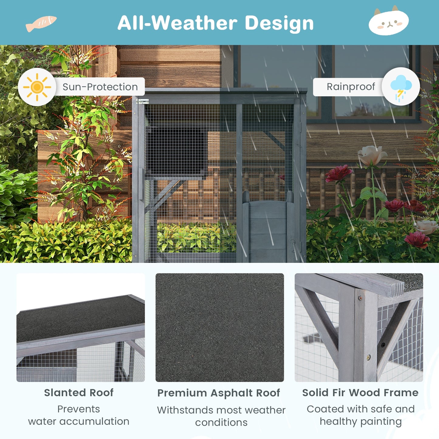 72 Inch Tall Wooden Cat House, Weatherproof Asphalt Roof, Gray Cat Houses at Gallery Canada