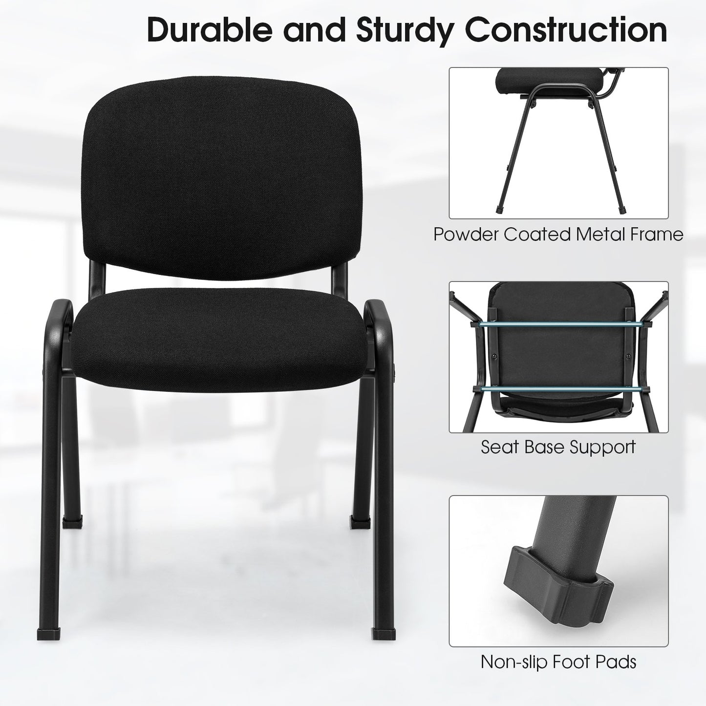 Office Chair with Metal Frame and Padded Cushions for Conference Room-Set of 2, Black