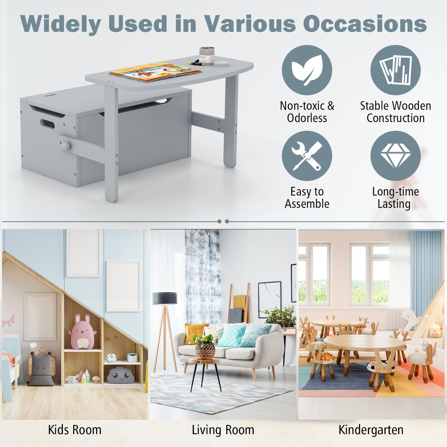 3-in-1 Kids Convertible Storage Bench Wood Activity Table and Chair Set, Gray Kids Table & Chair Sets at Gallery Canada