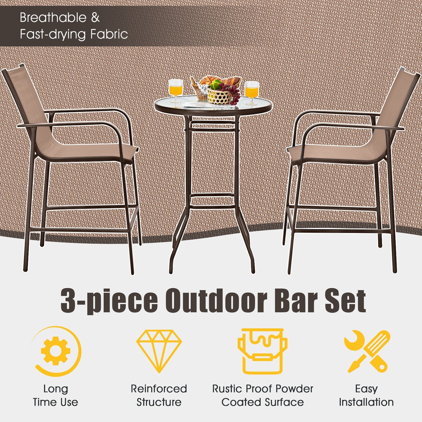 3 Pieces Outdoor Patio Bar Table Stool Set, Brown Patio Conversation Sets at Gallery Canada