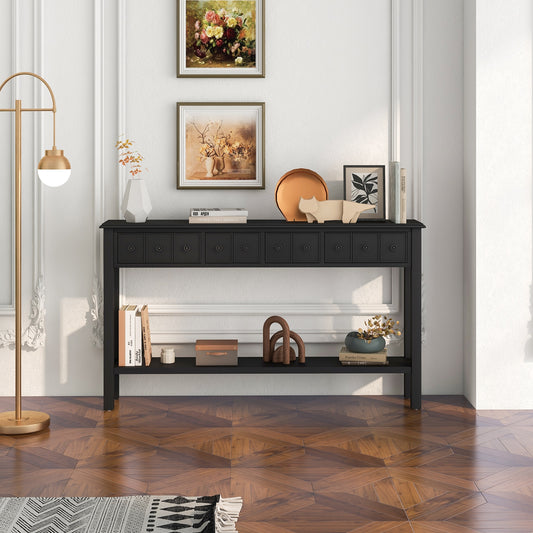 60 Inch Sofa Table, 4 Drawers, Open Shelf, Black Console Tables Black at Gallery Canada