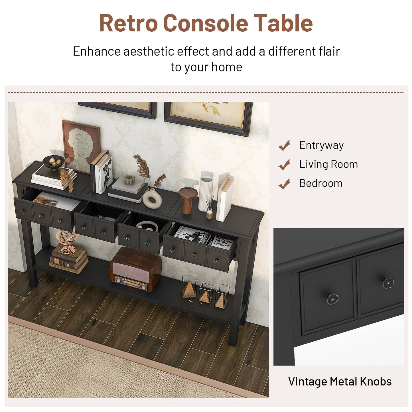 60 Inch Sofa Table, 4 Drawers, Open Shelf, Black Console Tables at Gallery Canada