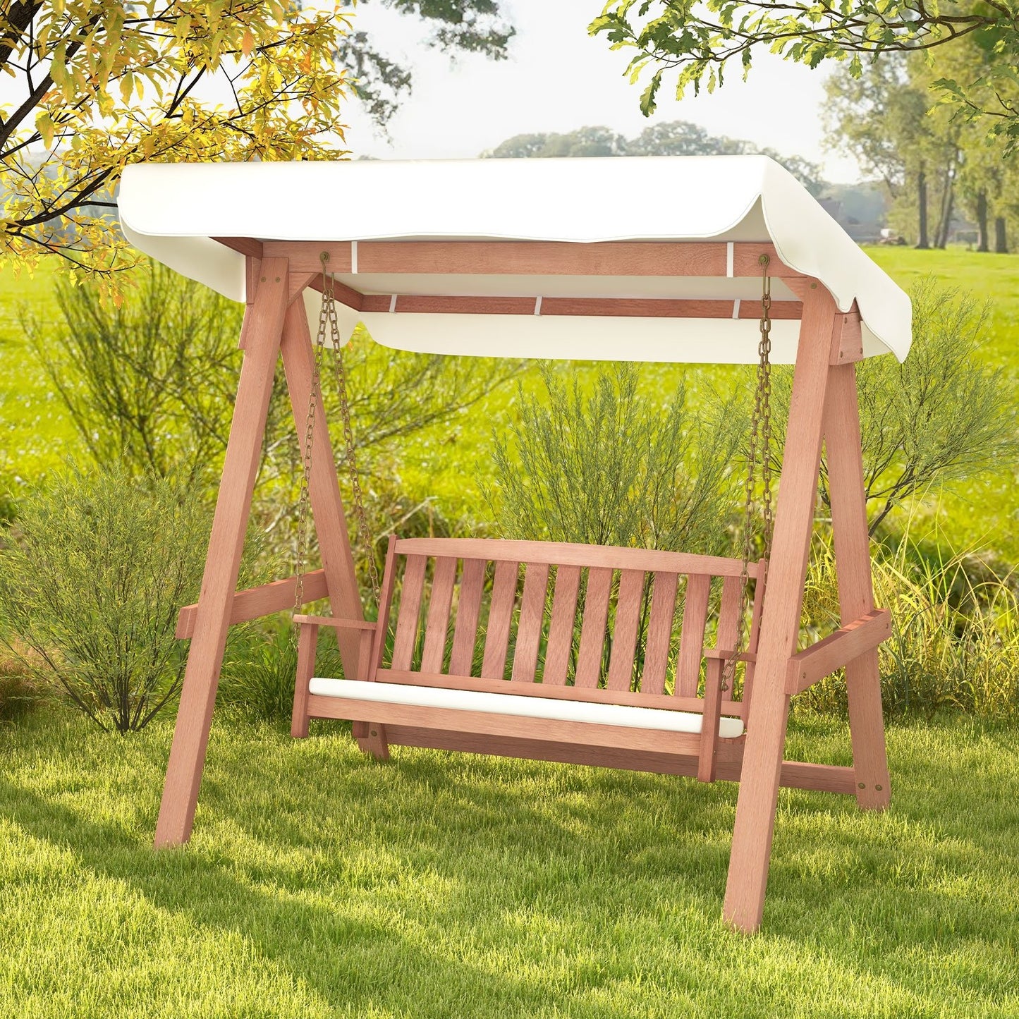 Outdoor 2-Seat Swing Bench w/ith A Frame and Sturdy Metal Hanging Chainsx, Natural