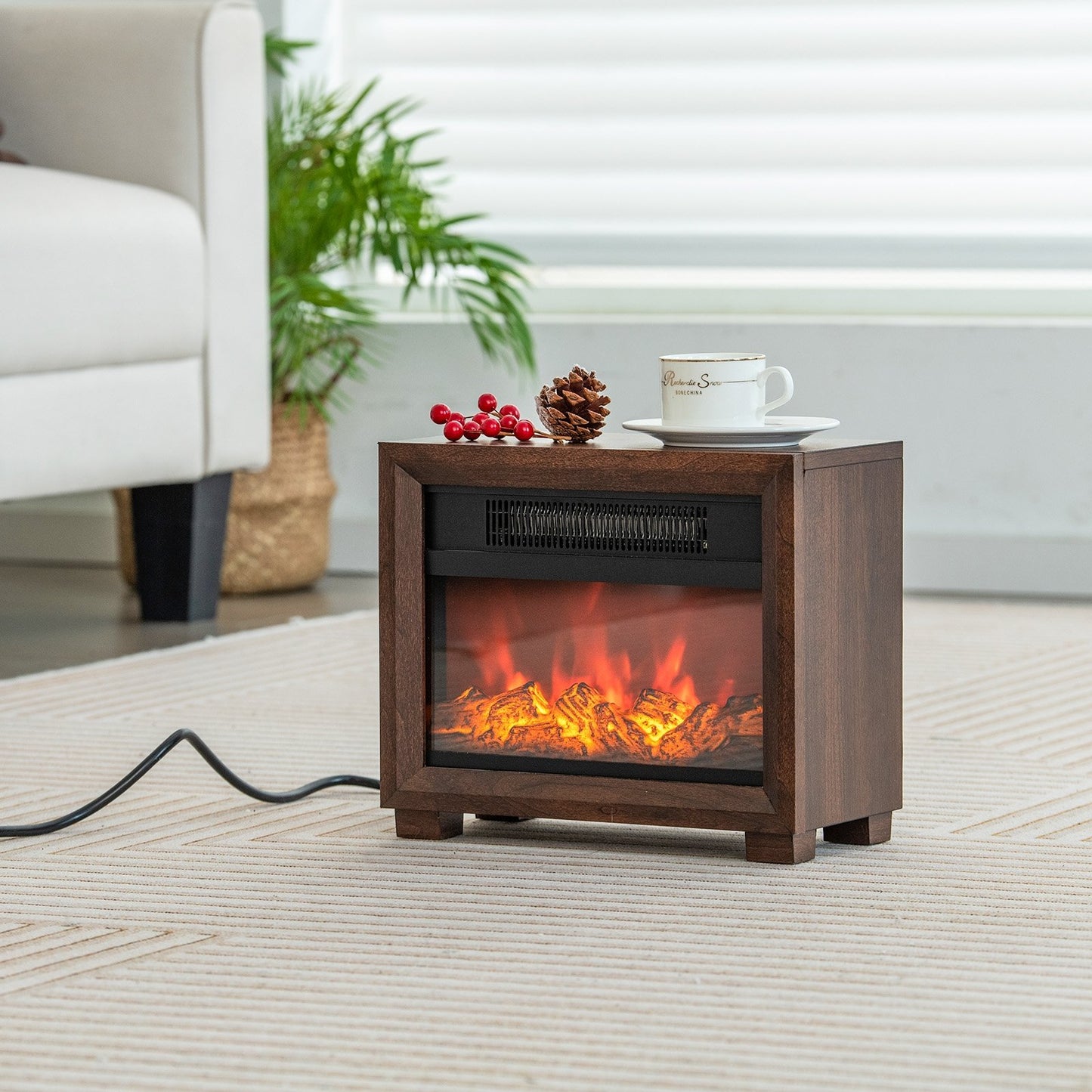 Mini Wooden Space Tabletop Fireplace with Realistic Flame Effect, Brown
