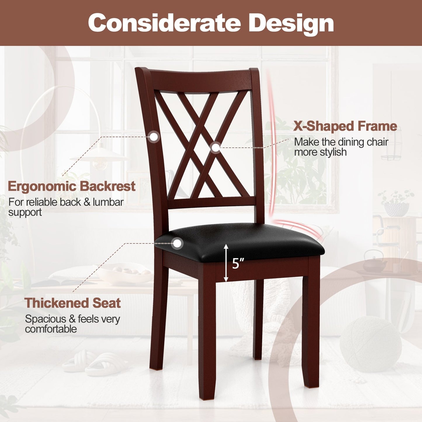 Set of 2 Dining Chair with Backrest and Padded Seat, Brown at Gallery Canada