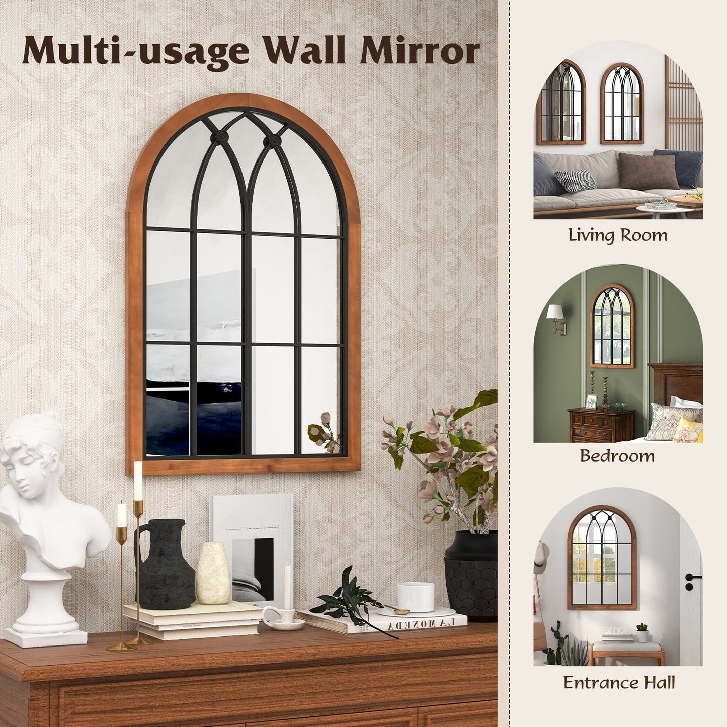 Arched Window Finished Mirror with Back Board, Natural