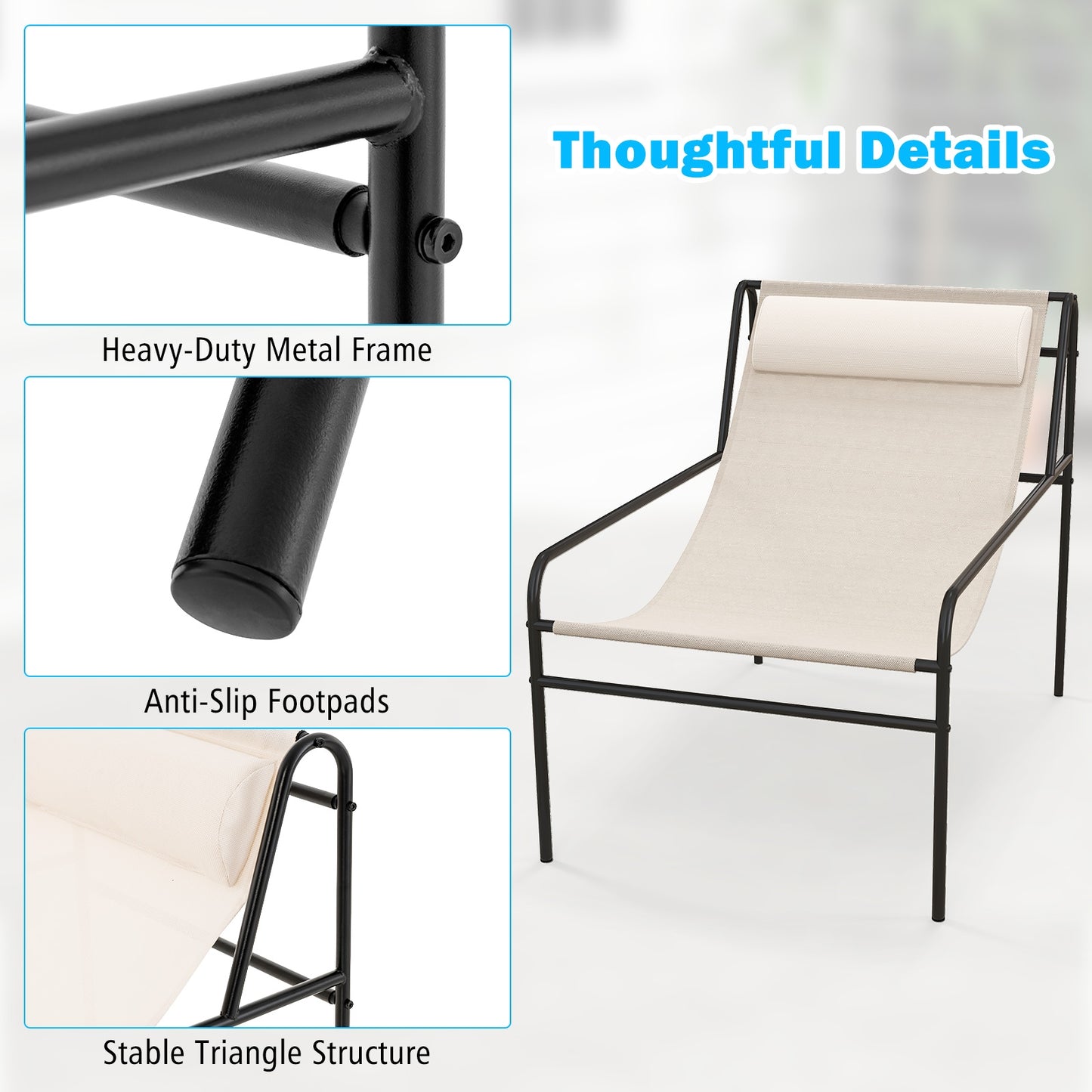Patio Sling Lounge Chair, Removable Headrest Pillow, Metal Frame, Beige Outdoor Chaise Lounges at Gallery Canada
