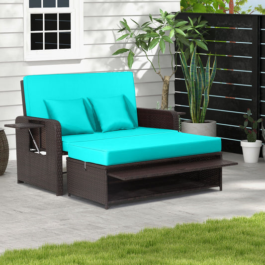 Patio Rattan Daybed with 4-Level Adjustable Backrest and Retractable Side Tray, Turquoise Outdoor Sectionals Turquoise at Gallery Canada