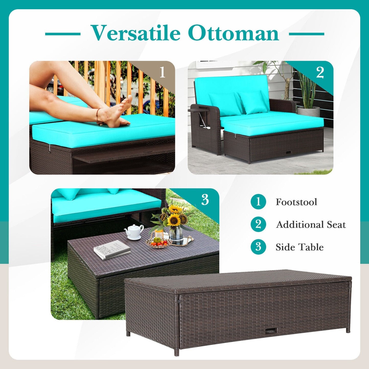 Patio Rattan Daybed with 4-Level Adjustable Backrest and Retractable Side Tray, Turquoise
