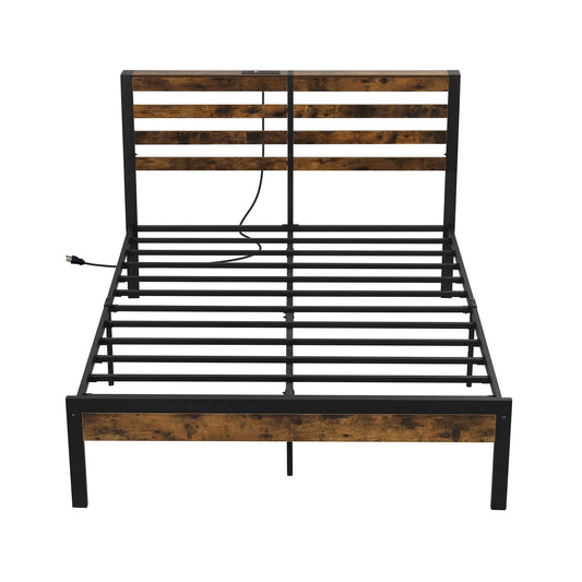 Full/Queen Size Bed Frame with Charging Station and Storage Headboard-Full Size, Rustic Brown
