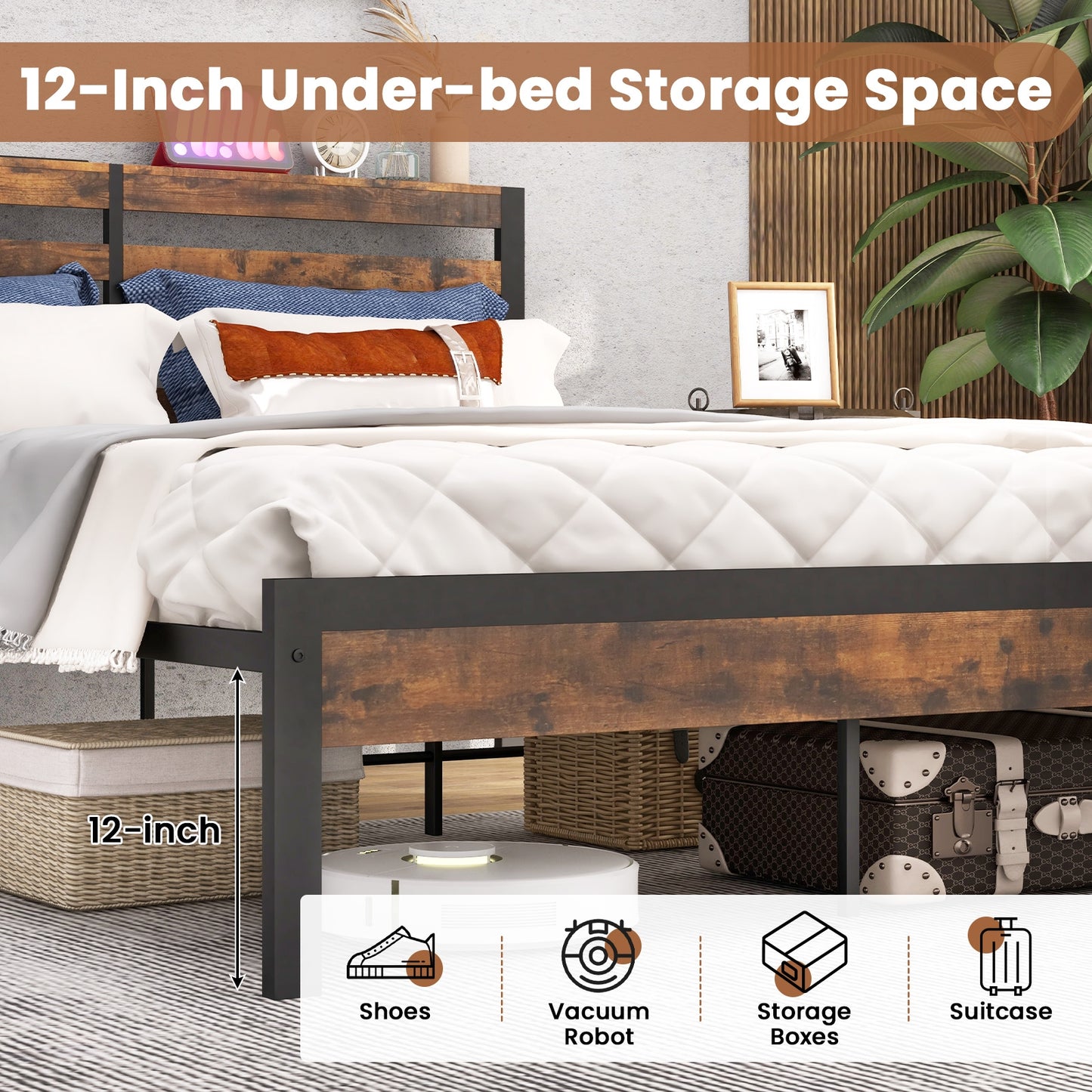 Full/Queen Size Bed Frame with Charging Station and Storage Headboard-Full Size, Rustic Brown Simple Bed Frame at Gallery Canada