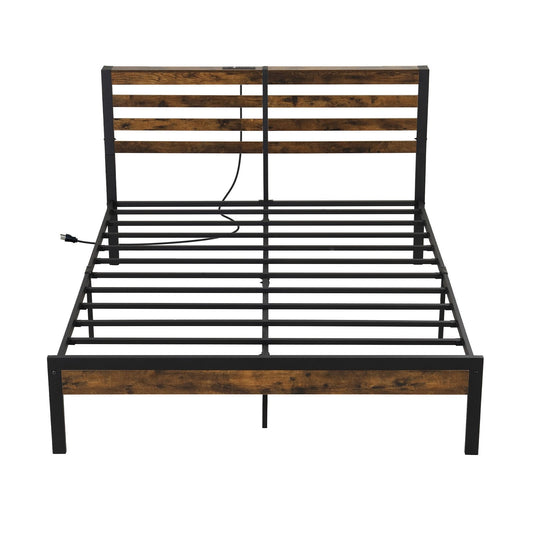 Full/Queen Size Bed Frame with Charging Station and Storage Headboard-Queen Size, Rustic Brown